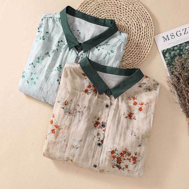 Cotton And Linen Top Women's Loose Printed Linen Shirt MuddyStock
