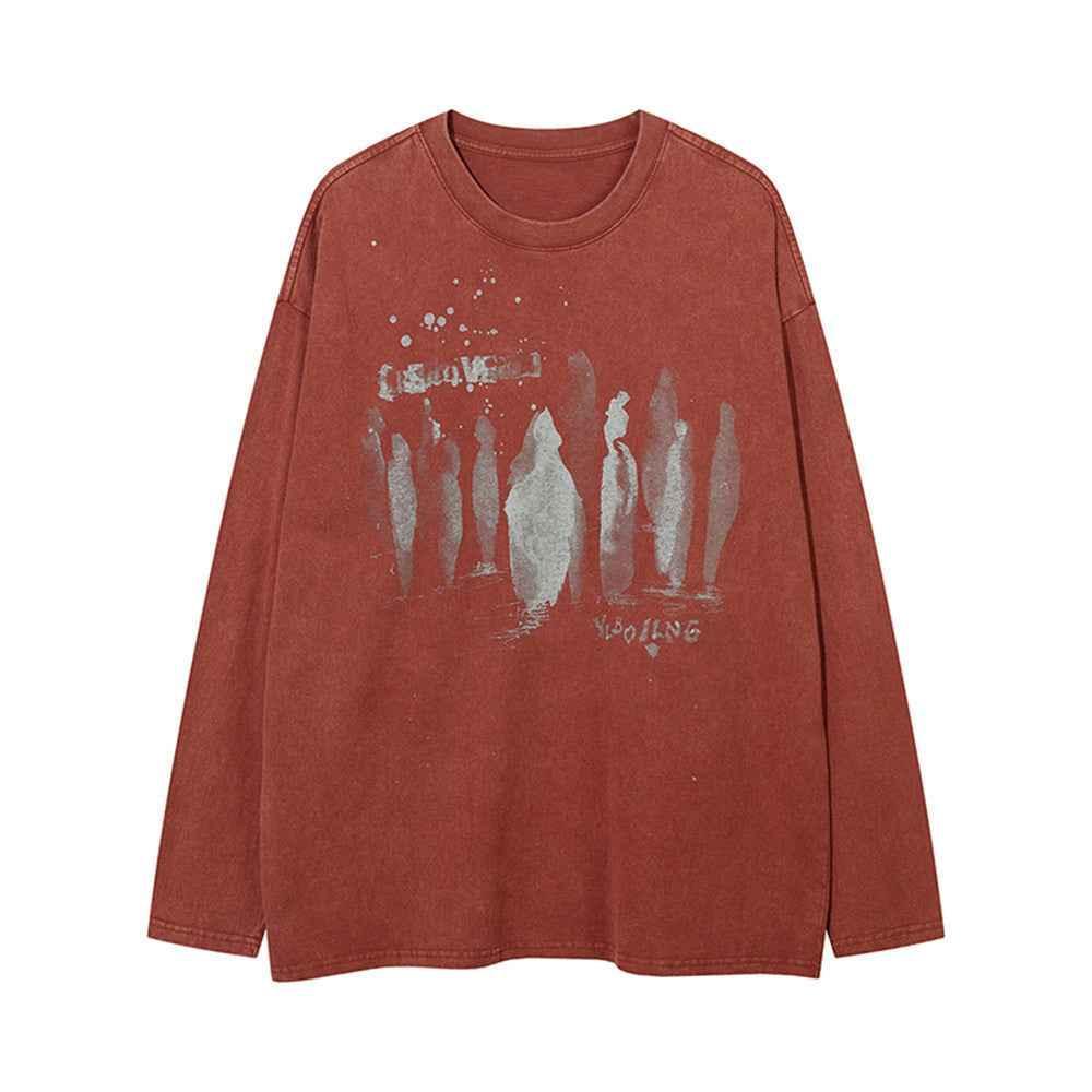 American-style Printed Long-sleeved T-shirt For Men And Women Red MuddyStock