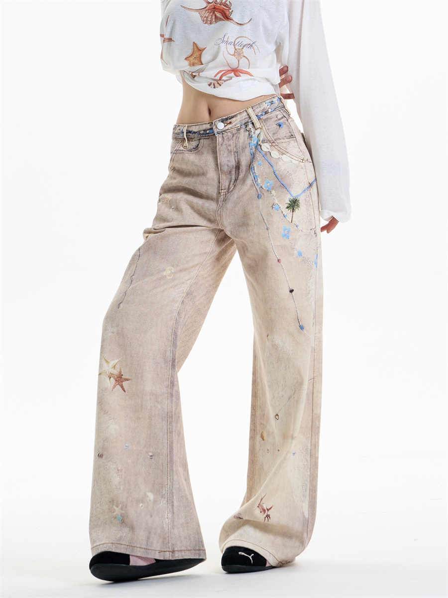 Retro Chain Print Worn Women's Straight Wide-leg Pants MuddyStock
