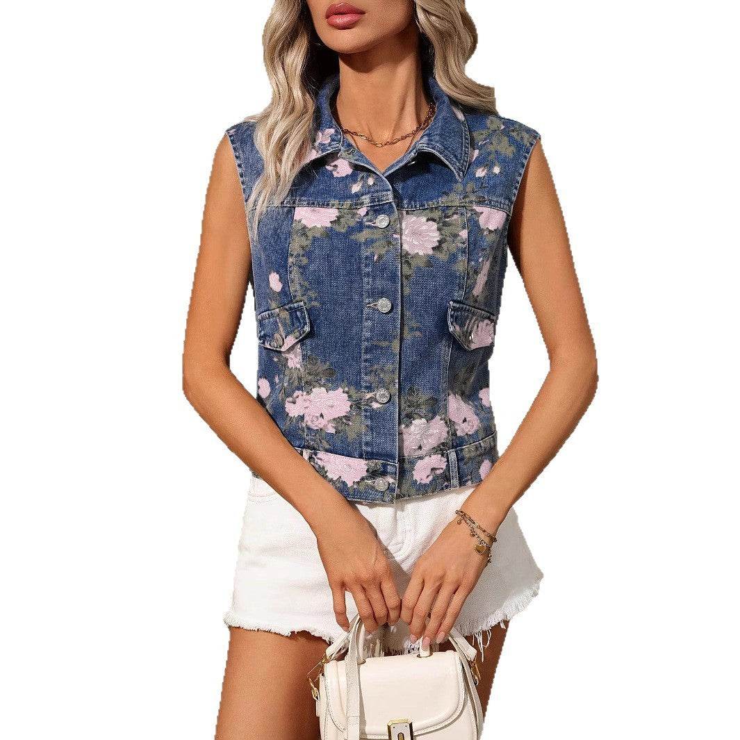 Women's Flower Print Denim Vest Summer Casual Dark Blue MuddyStock