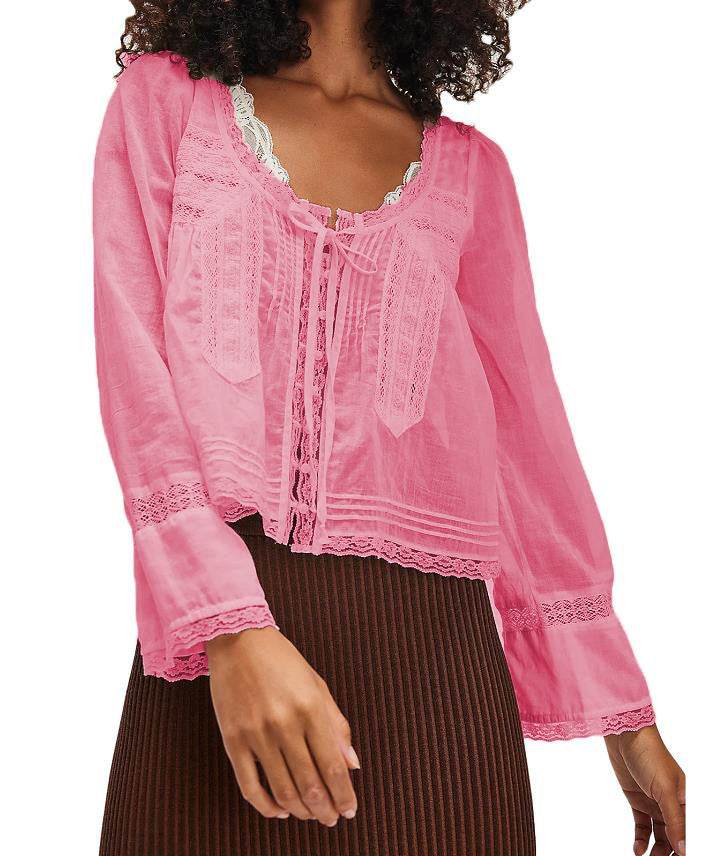 Lace U-shaped Lace Collar Long Sleeve Light Shirt Red MuddyStock