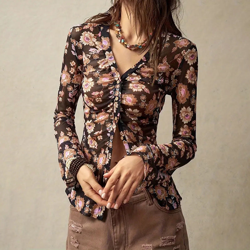 Women Button Down Long Sleeve V Neck Ruched Fitted Top MuddyStock