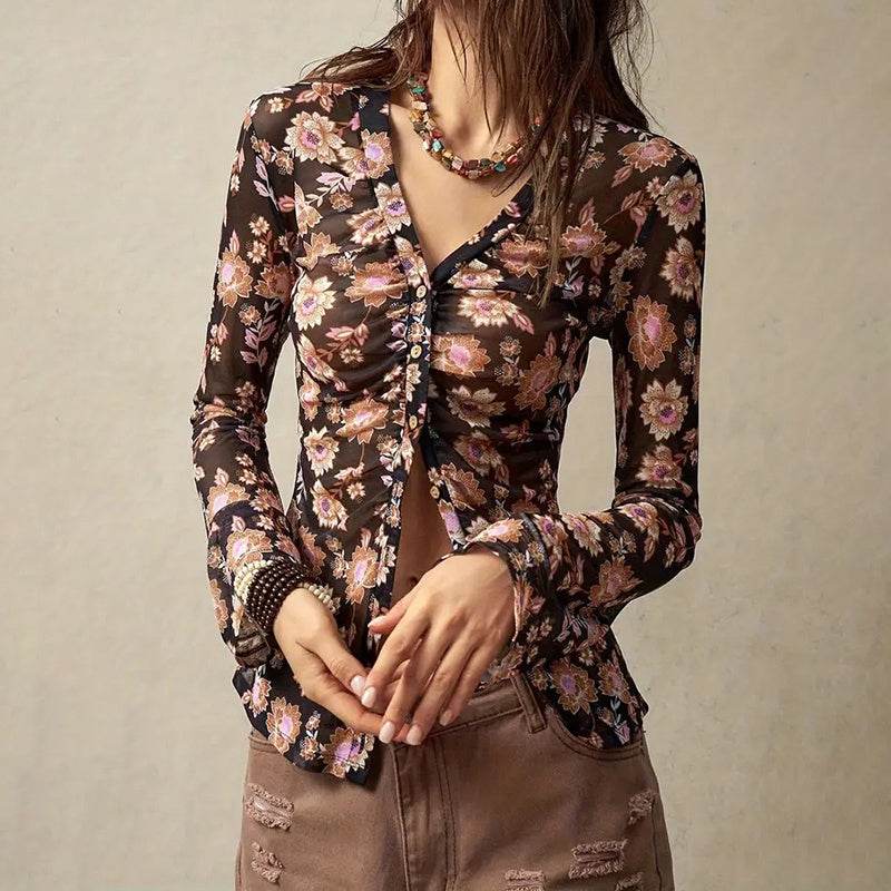 Women Button Down Long Sleeve V Neck Ruched Fitted Top MuddyStock