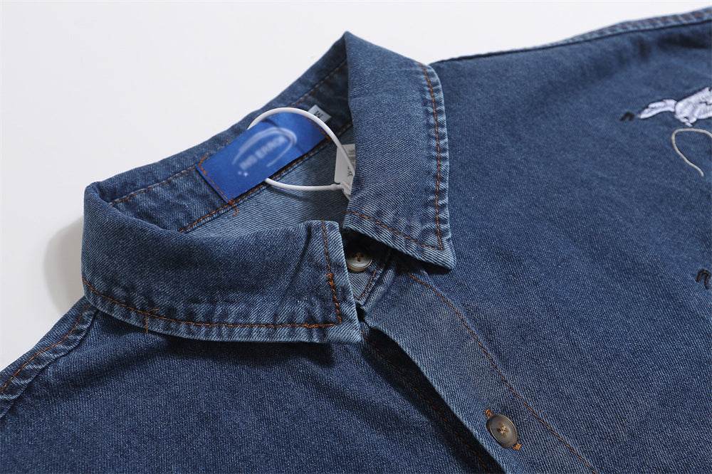 Embroidered Cat Denim Short Sleeve Shirt For Men And Women MuddyStock