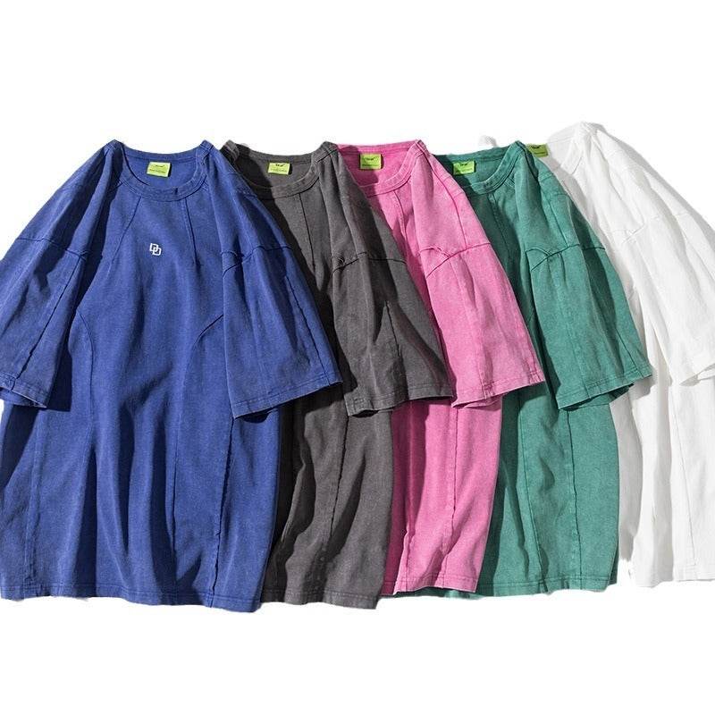 American Washed Patchwork Short-sleeved T-shirt Men MuddyStock