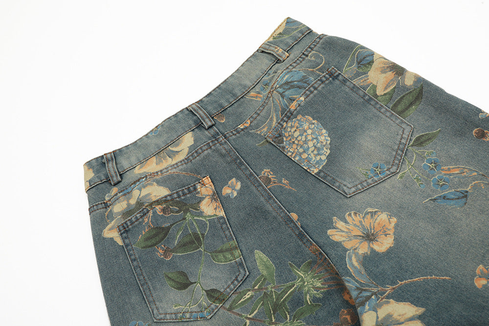 Men's Printed Niche Loose Wide Leg Denim Trousers MuddyStock