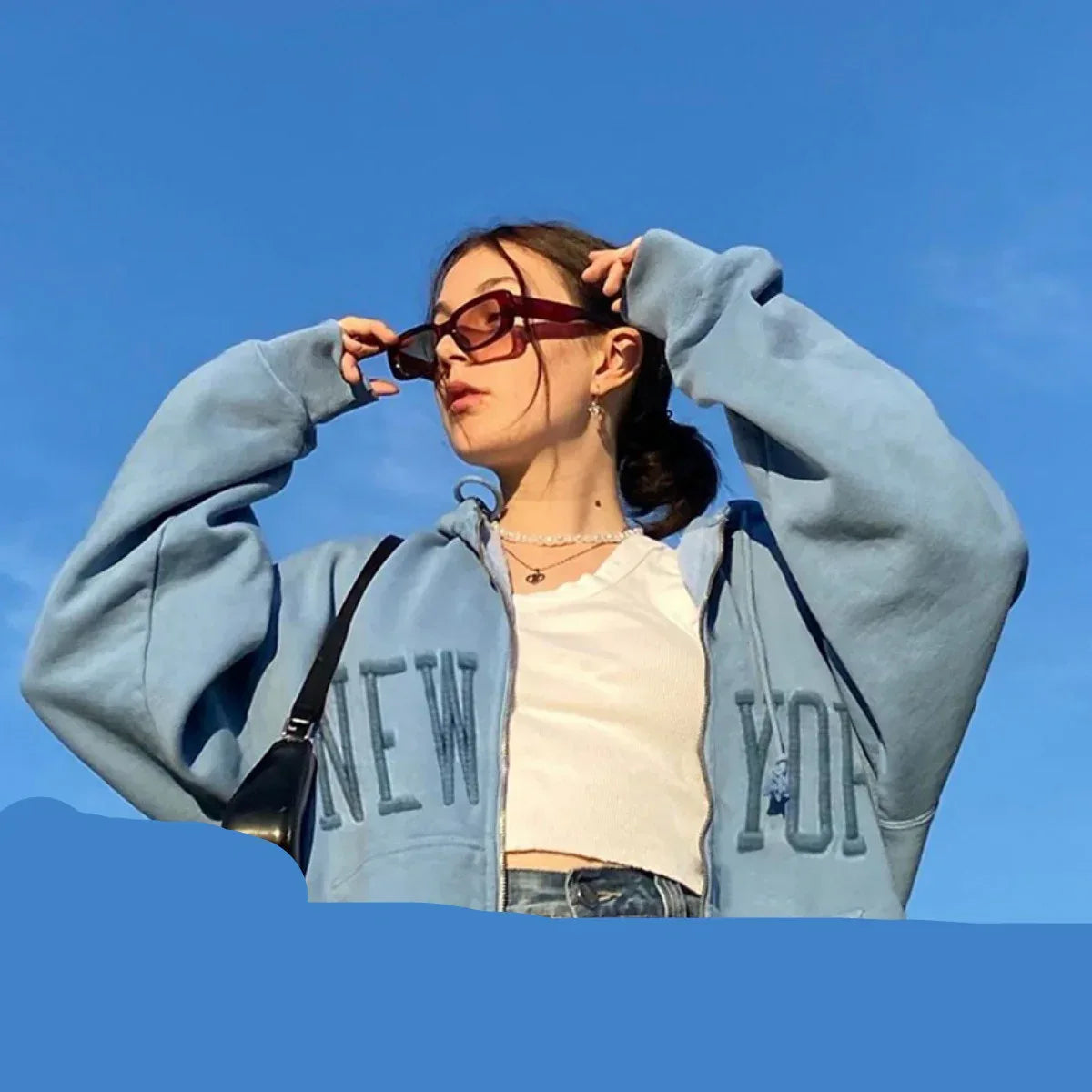 Haze Blue Zipper Hoodie For Women