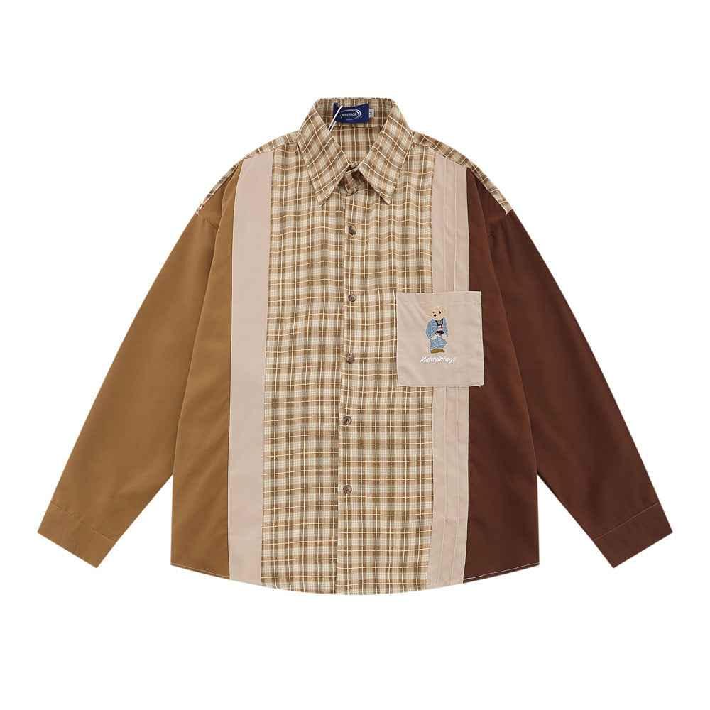 Plaid Asymmetric Stitching Long-sleeved Shirt For Men And Women Khaki null