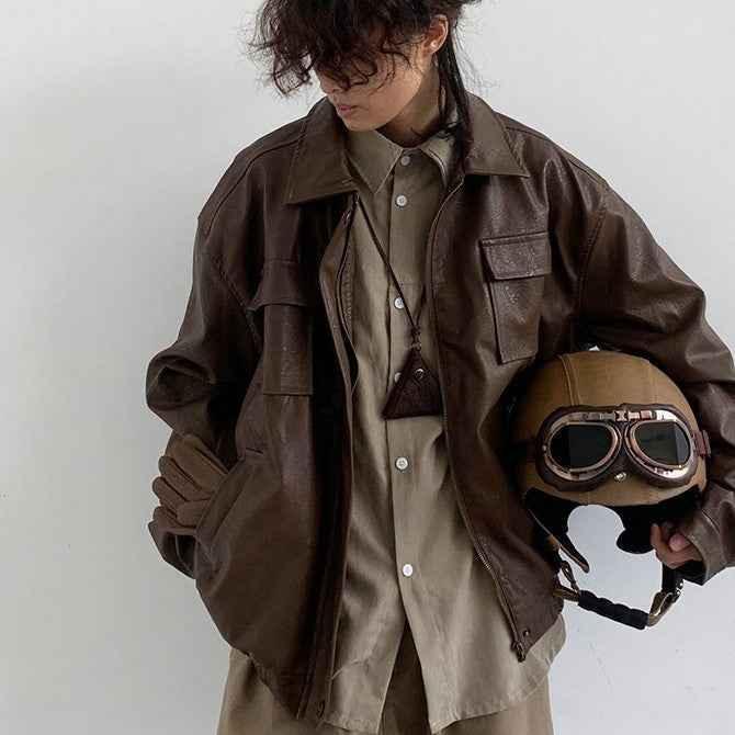 Japanese-style Retro PU Motorcycle Leather Jacket For Men Brown