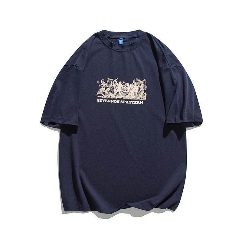 Solid Color Chest Printed Round Neck T-shirt For Men And Women Navy Blue