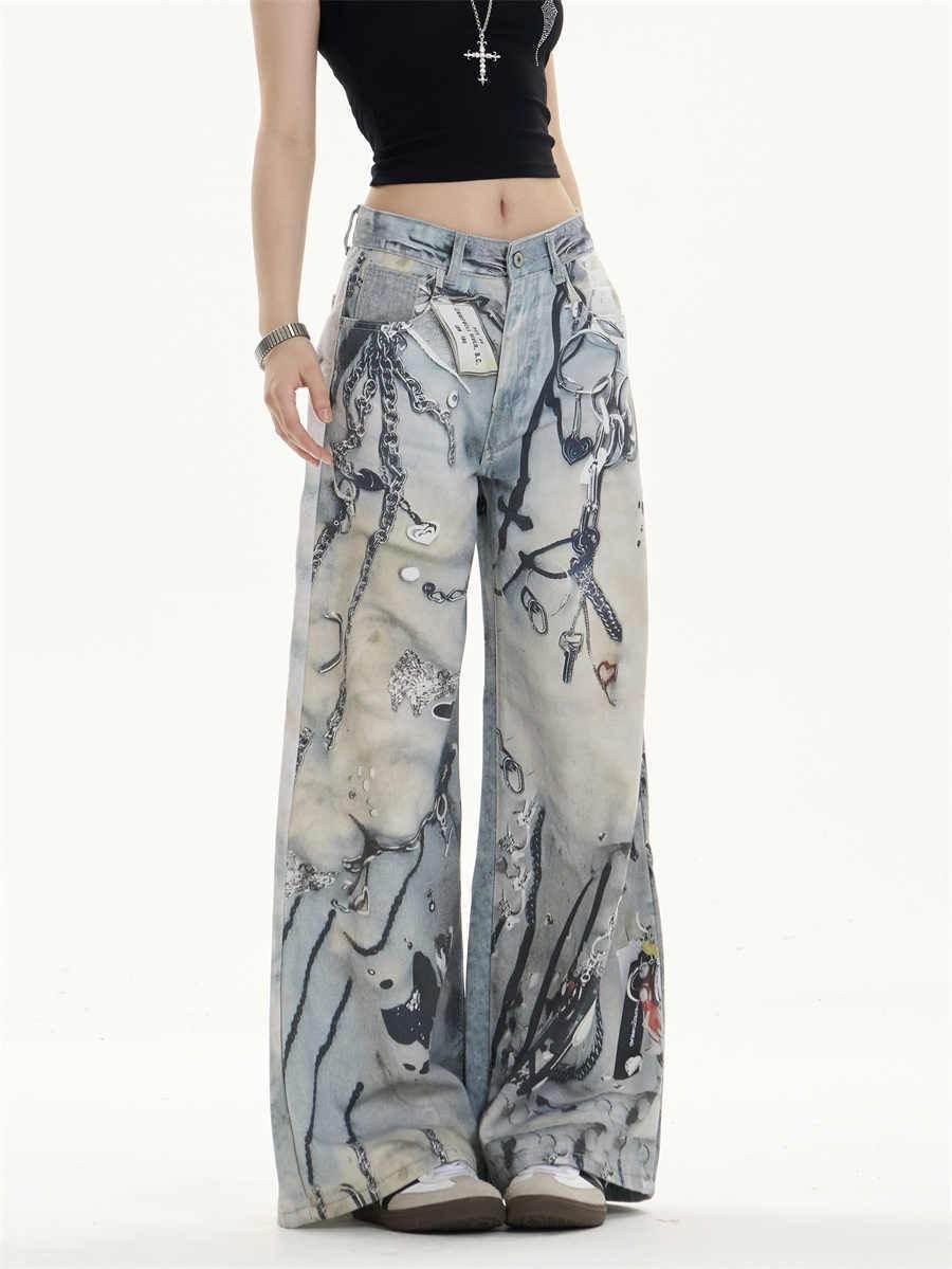 Multi-pocket Wide Leg Jeans Straight Casual Pants For Women