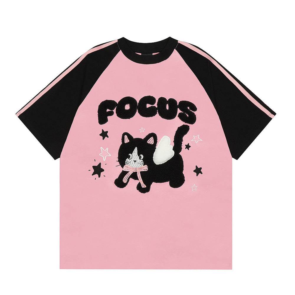 Cartoon Kitten Flocking Embroidered Short Sleeve For Men And Women Black And Pink MuddyStock