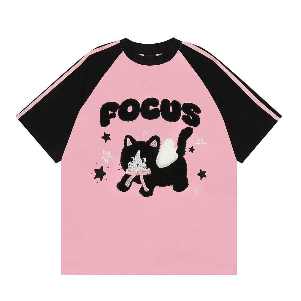 Cartoon Kitten Flocking Embroidered Short Sleeve For Men And Women Black And Pink