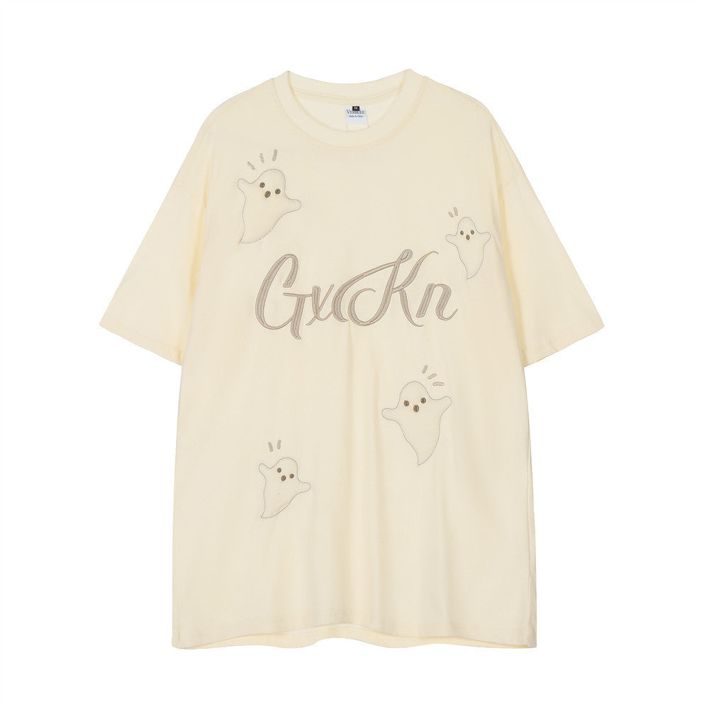 Little Devil Embroidered Casual Short Sleeve T-shirt For Men And Women Apricot MuddyStock