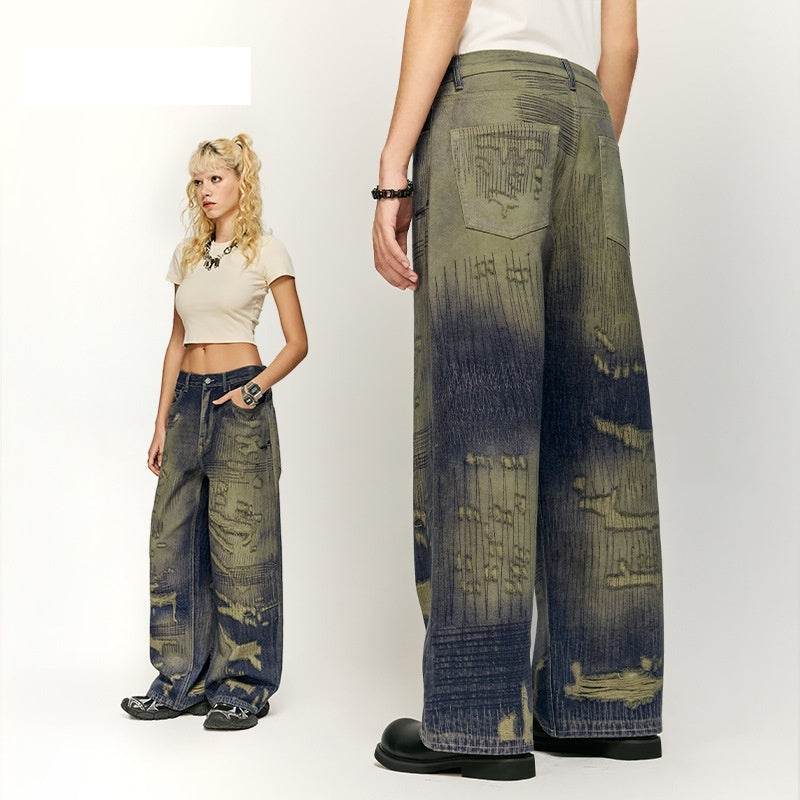 Autumn And Winter New American Street Fashion Printed Denim Wide Leg Pants For Men MuddyStock
