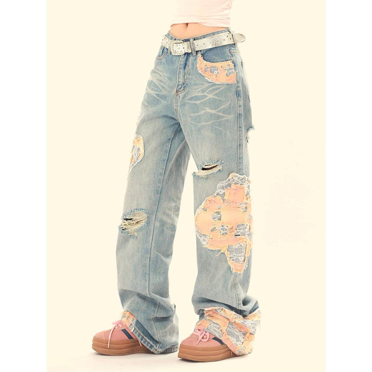 Women's Vintage Lace Stitching Ripped Jeans Blue MuddyStock