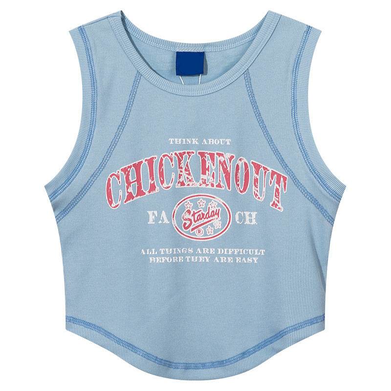 Retro Distressed Printed Short Top For Women Blue