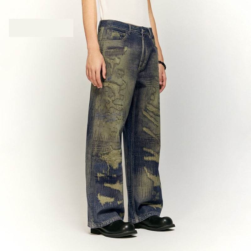 Autumn And Winter New American Street Fashion Printed Denim Wide Leg Pants For Men MuddyStock