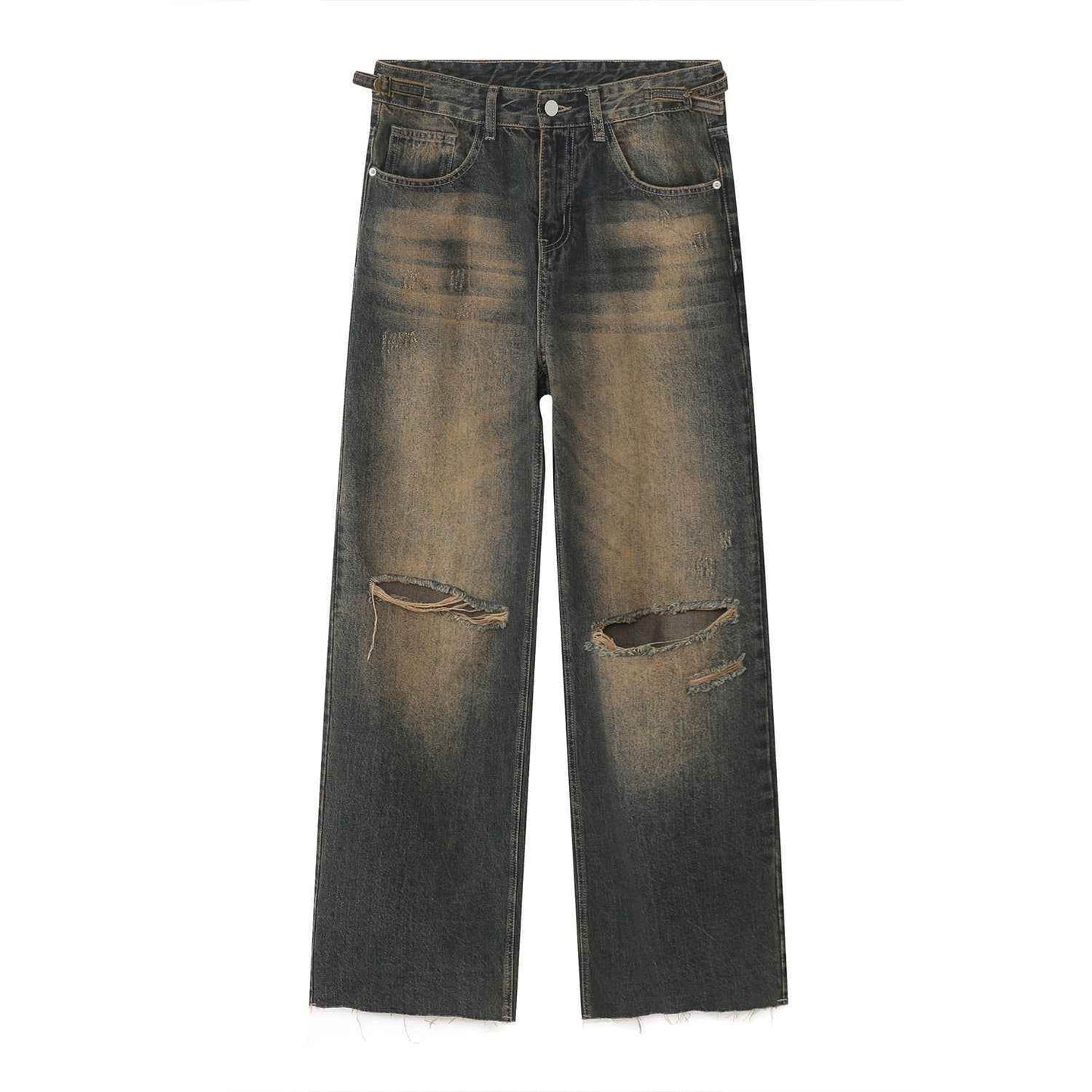 Men's Retro Distressed Rust Earthy Hole Raw Hem Jeans Old Blue MuddyStock