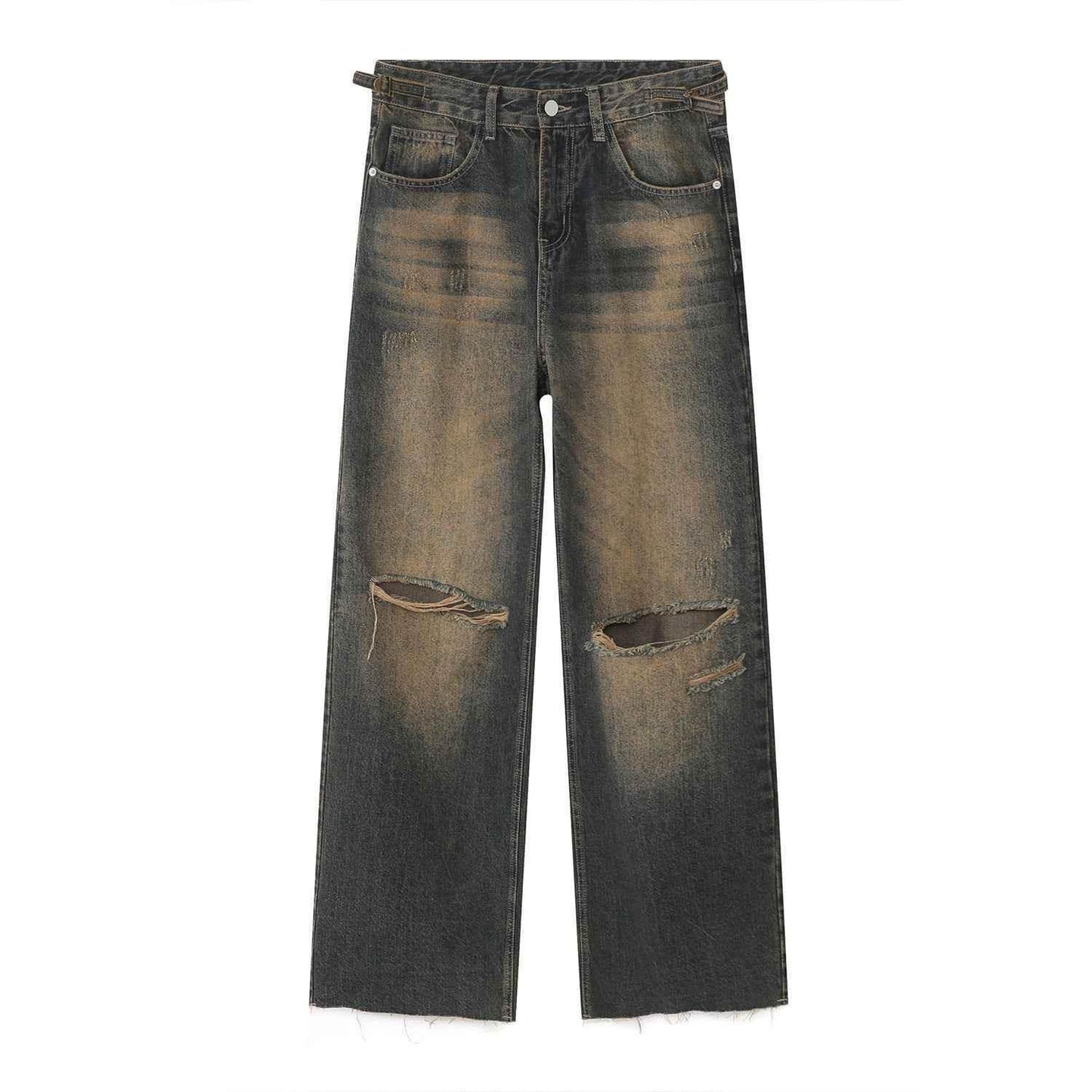 Men's Retro Distressed Rust Earthy Hole Raw Hem Jeans Old Blue