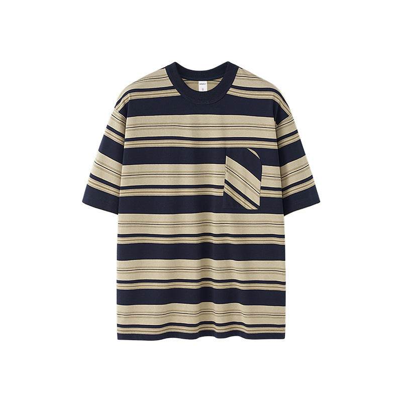 Striped Pocket T-shirt American Style Loose Short Sleeve Apricot MuddyStock