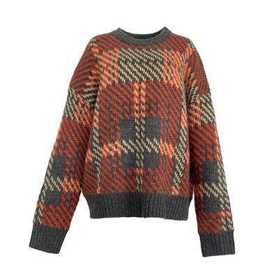 Loose Plaid Pullover Long-sleeved Sweater For Women Wine Red One Size