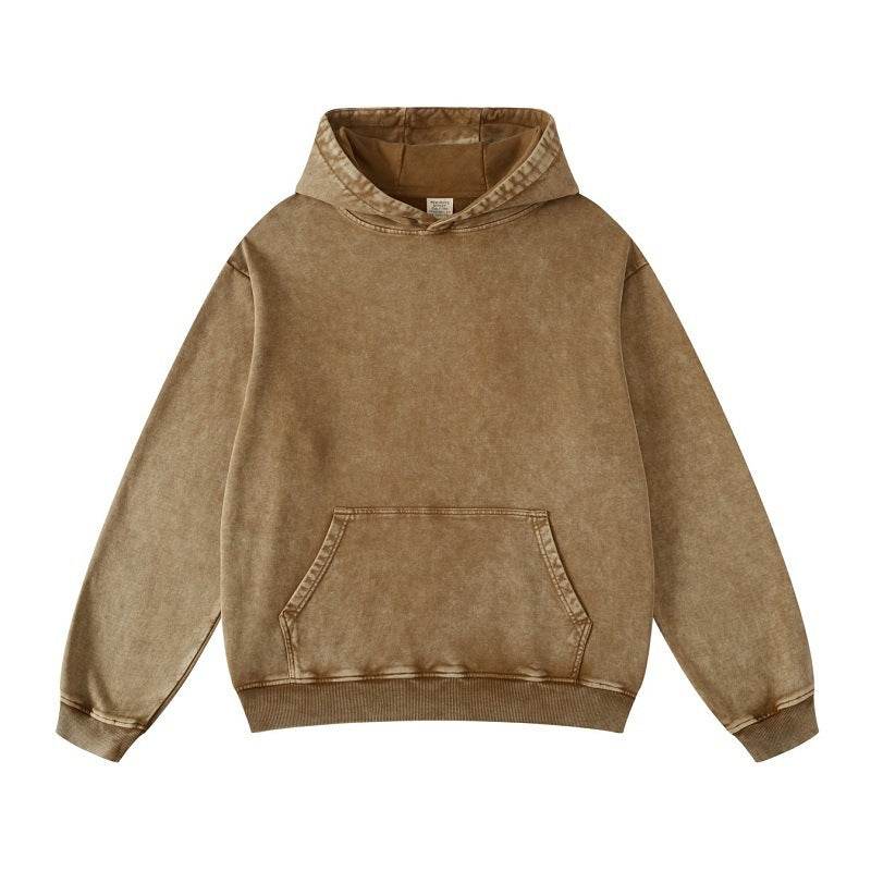 Thickened Washed Old Gradient Solid Color Batik Hooded Sweater For Men And Women Brown MuddyStock