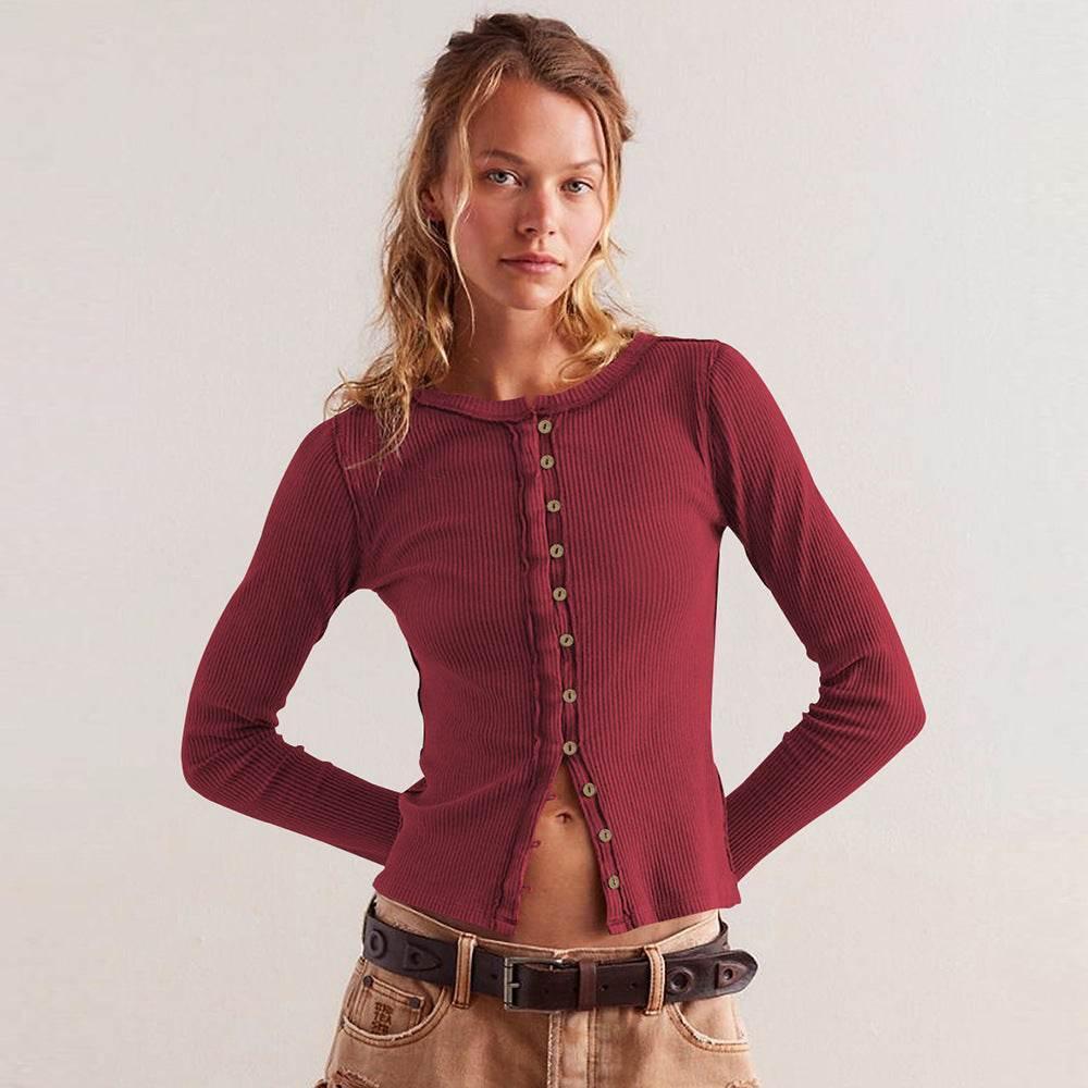Round Neck Cardigan For Women Wine Red