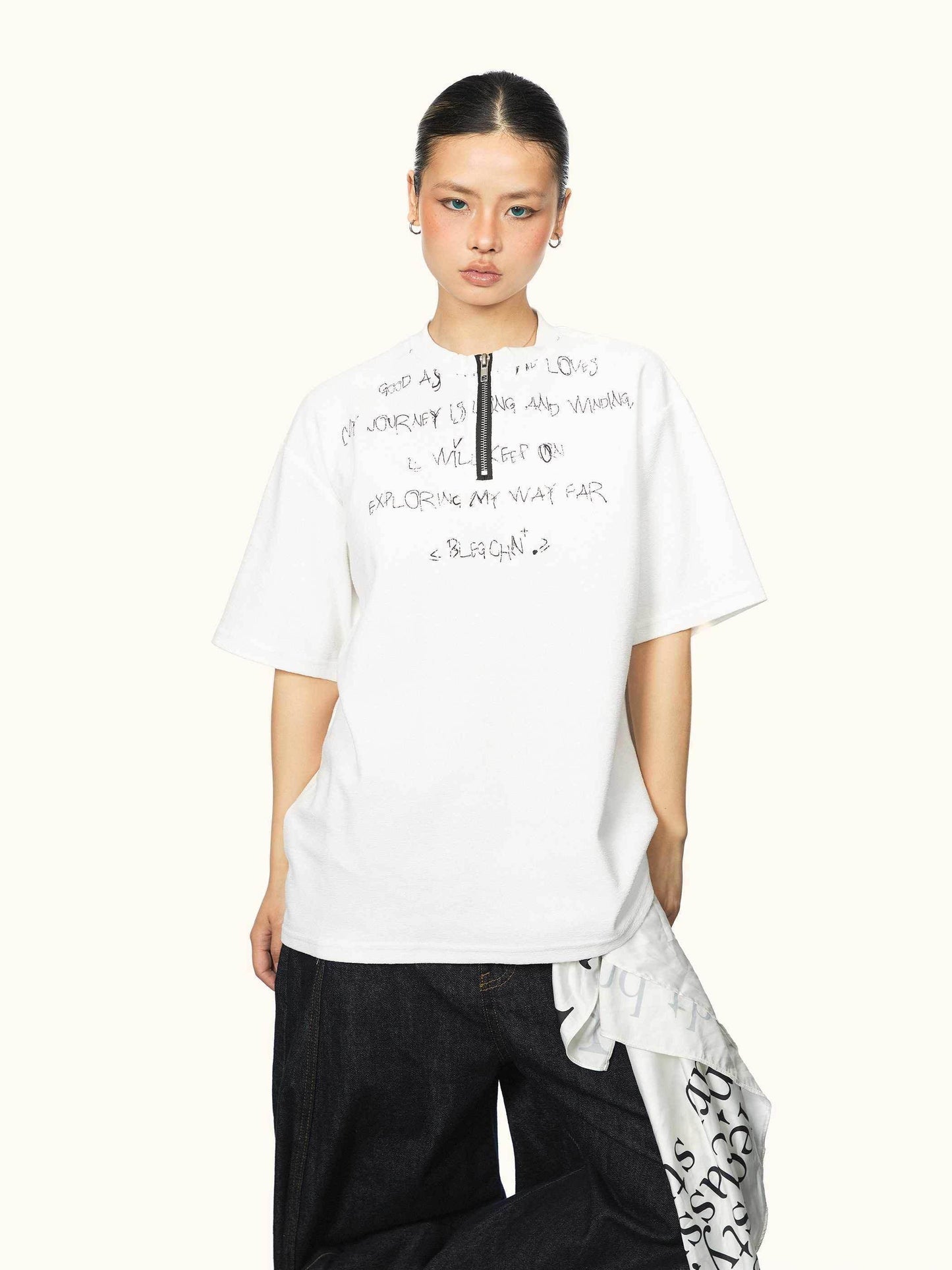 Women's Same Style American Letter Print Half Zipper Short Sleeve White
