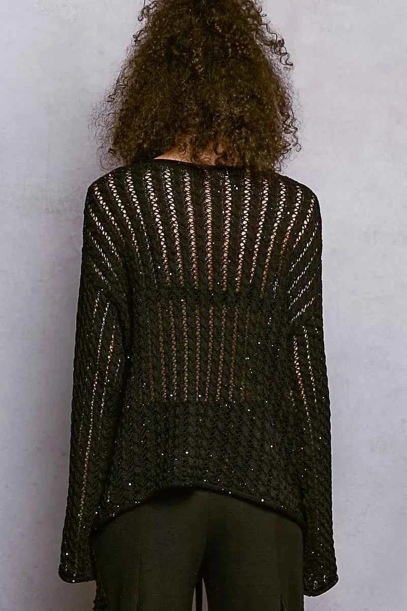 Openwork Round Neck Knit Top with Shiny Detail For Women