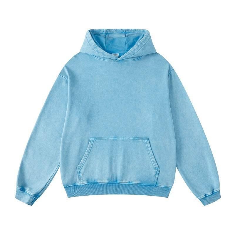 Thickened Washed Old Gradient Solid Color Batik Hooded Sweater For Men And Women Sky Blue