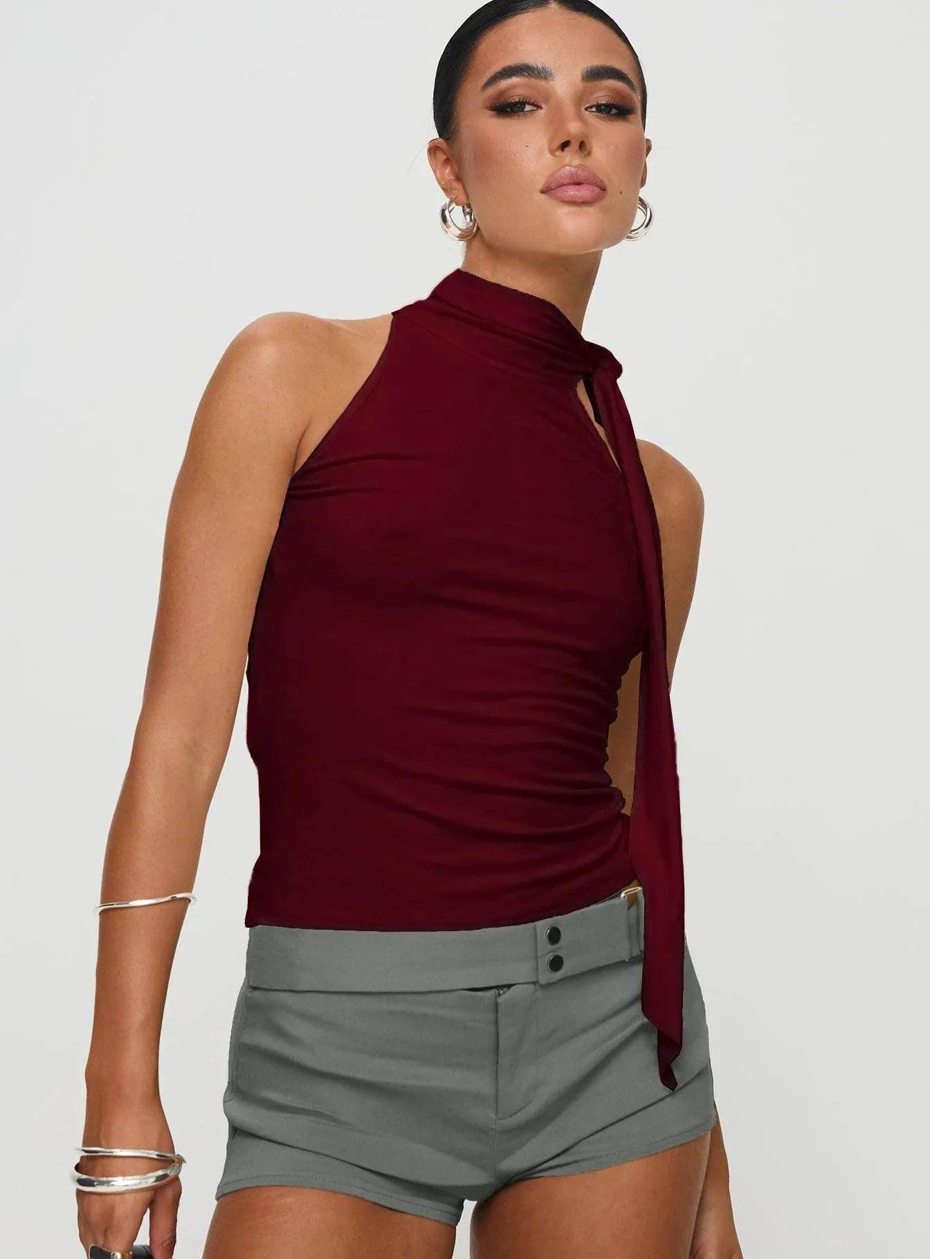Women's Turtleneck Bundle Ribbon T-shirt Top Wine Red