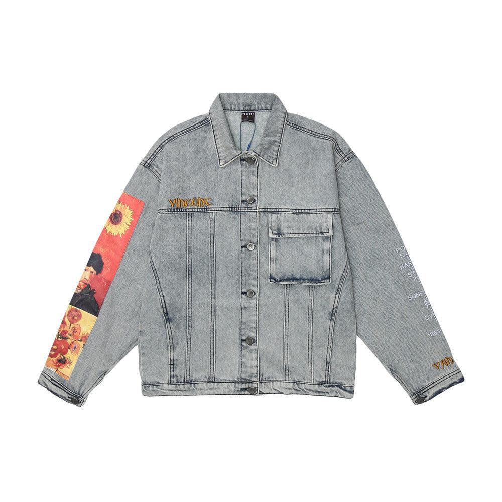Loose Denim Jacket With Printed Sleeve For Women null