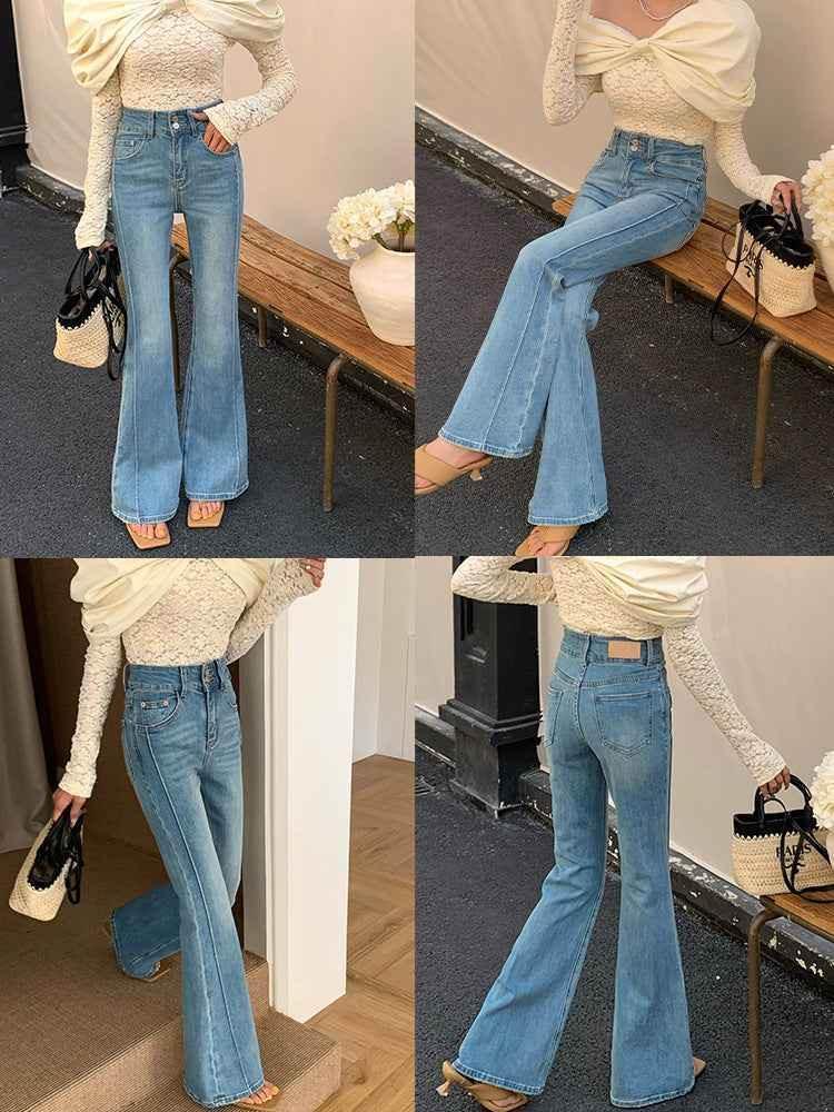 Women's High Waist Stretch Slim Bell-bottom Pants Blue