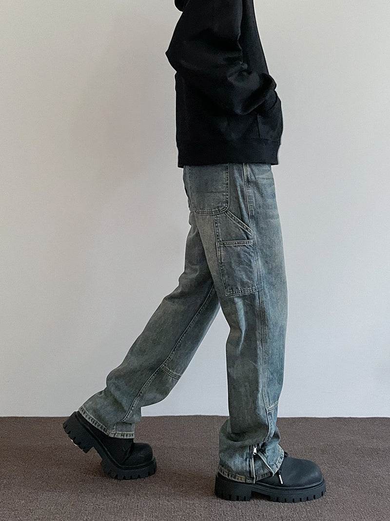 American High Street Multi-pocket Zipper Cargo Jeans For Men MuddyStock
