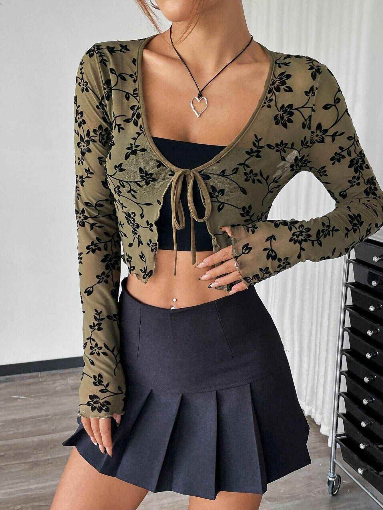 European And American Elegant Women's Transparent Mesh Flocking Front Lace-up Top Army Green MuddyStock