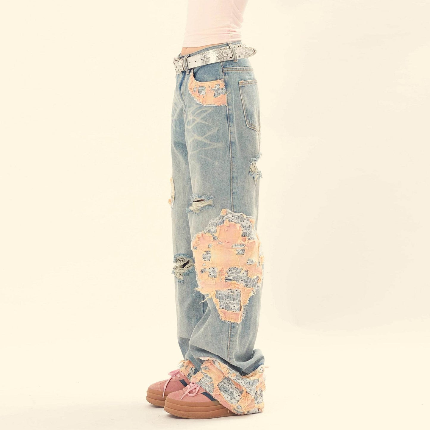 Women's Vintage Lace Stitching Ripped Jeans MuddyStock