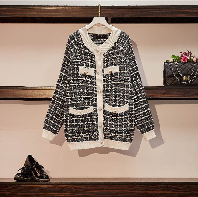 Knitted Jacket Women's Cardigan Plaid Loose Thickening Small Fragrance Style Foreign Style Square collar black Onesize MuddyStock