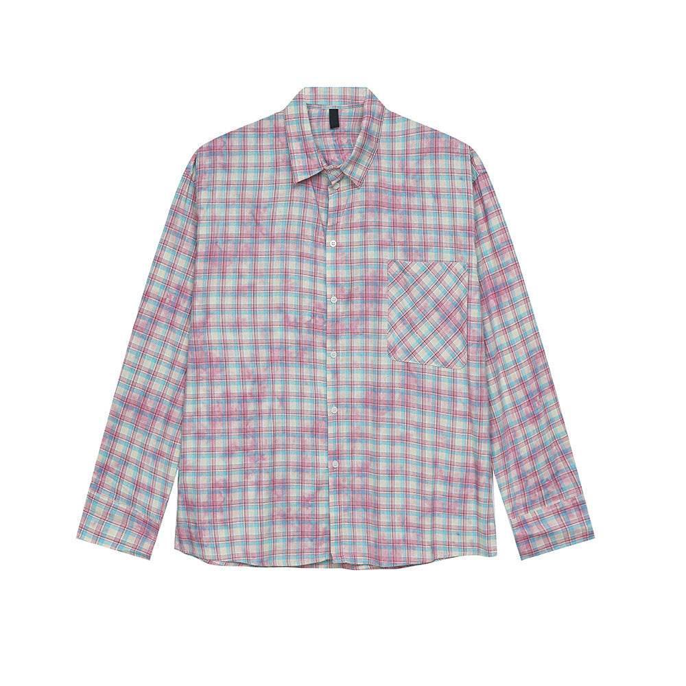 Men's Vintage Tie-dye Plaid Long-sleeved Shirt Pink