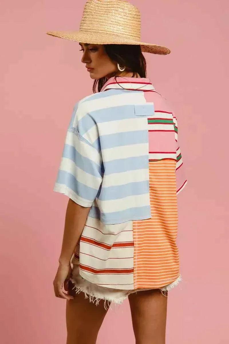 Mix And Match Stripe Color Block T-shirt For Women