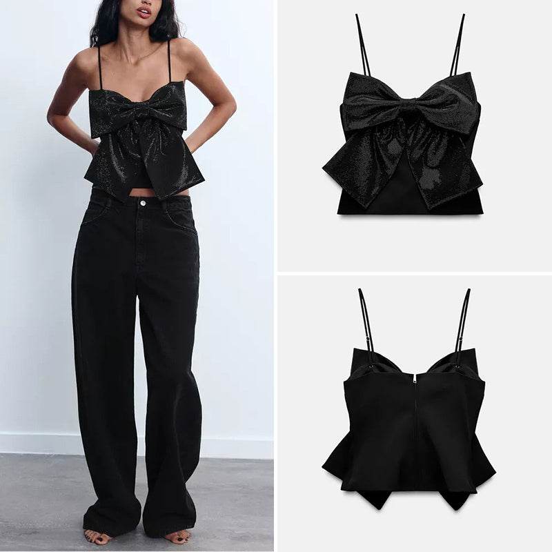 Sleeveless Rhinestone Bowknot Decoration Short Strap Top MuddyStock