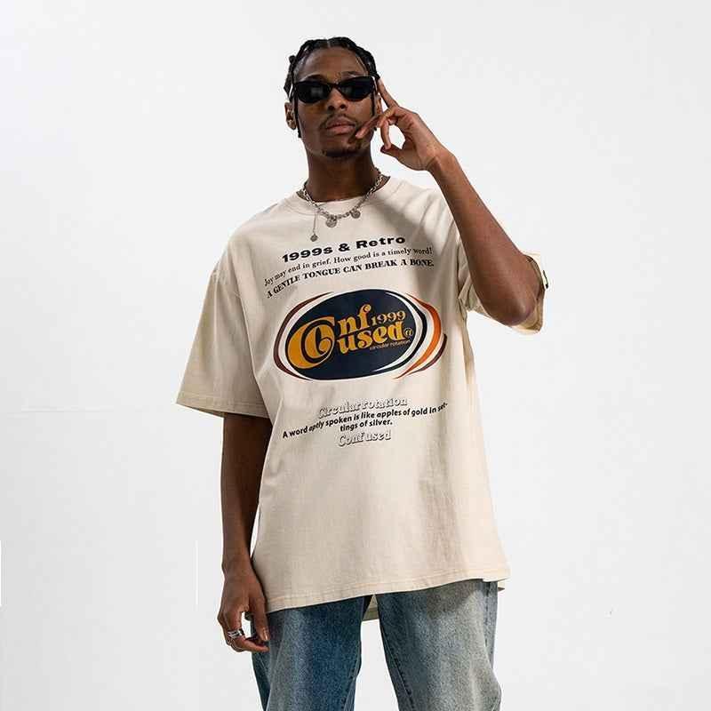 Retro Washed Text Printed Off-shoulder Loose Men's T-shirt