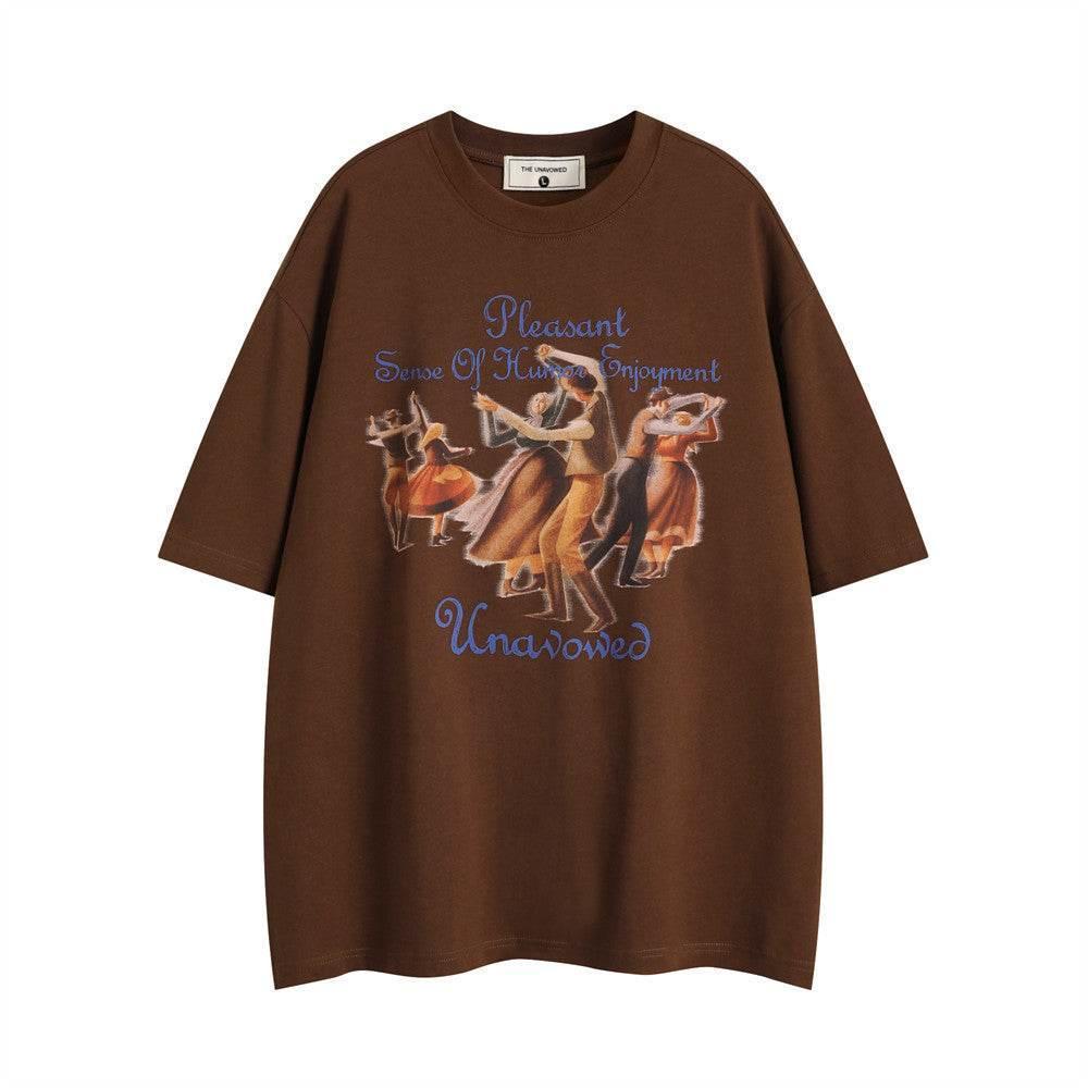 Retro Dancing Crowd Printed Short-sleeved T-shirt For Men Brown