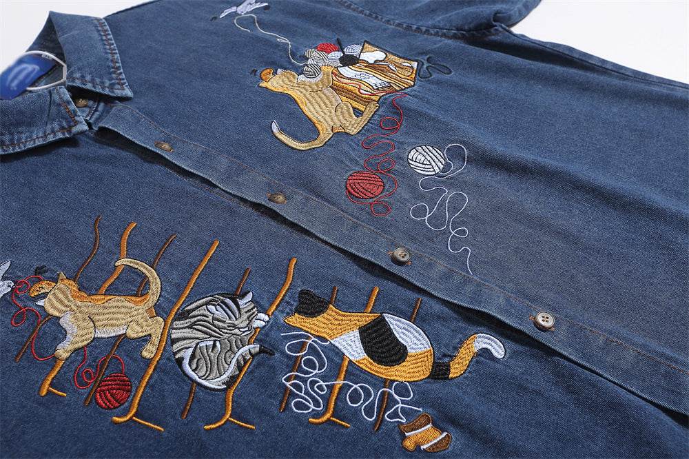 Embroidered Cat Denim Short Sleeve Shirt For Men And Women MuddyStock