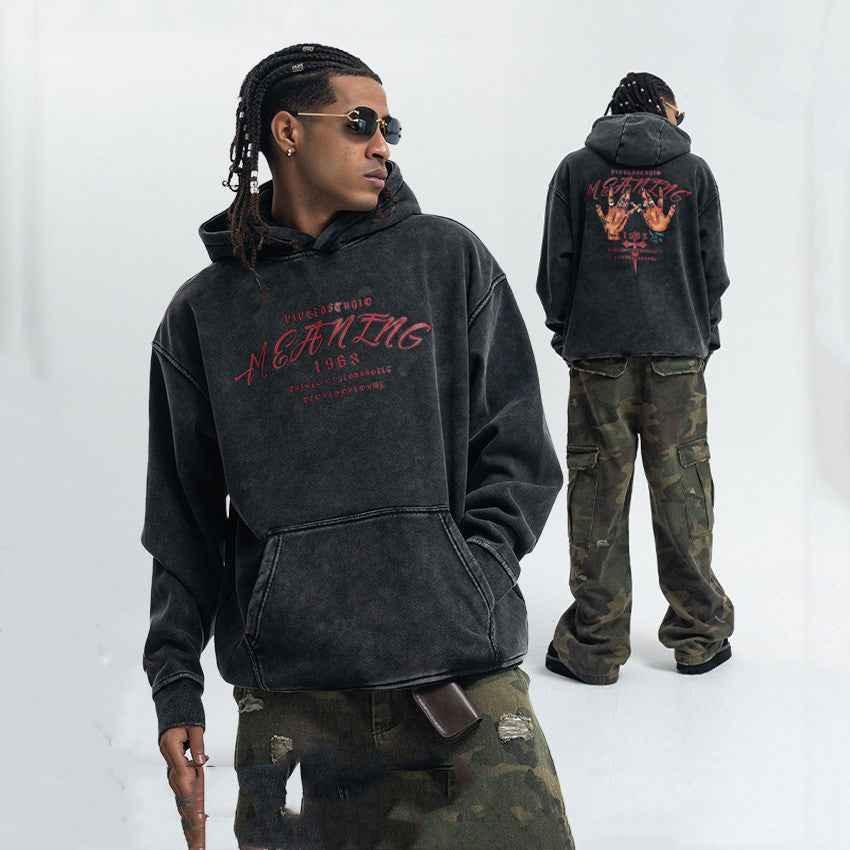 American Street Letter Printed Washed Distressed Hoodie For Men