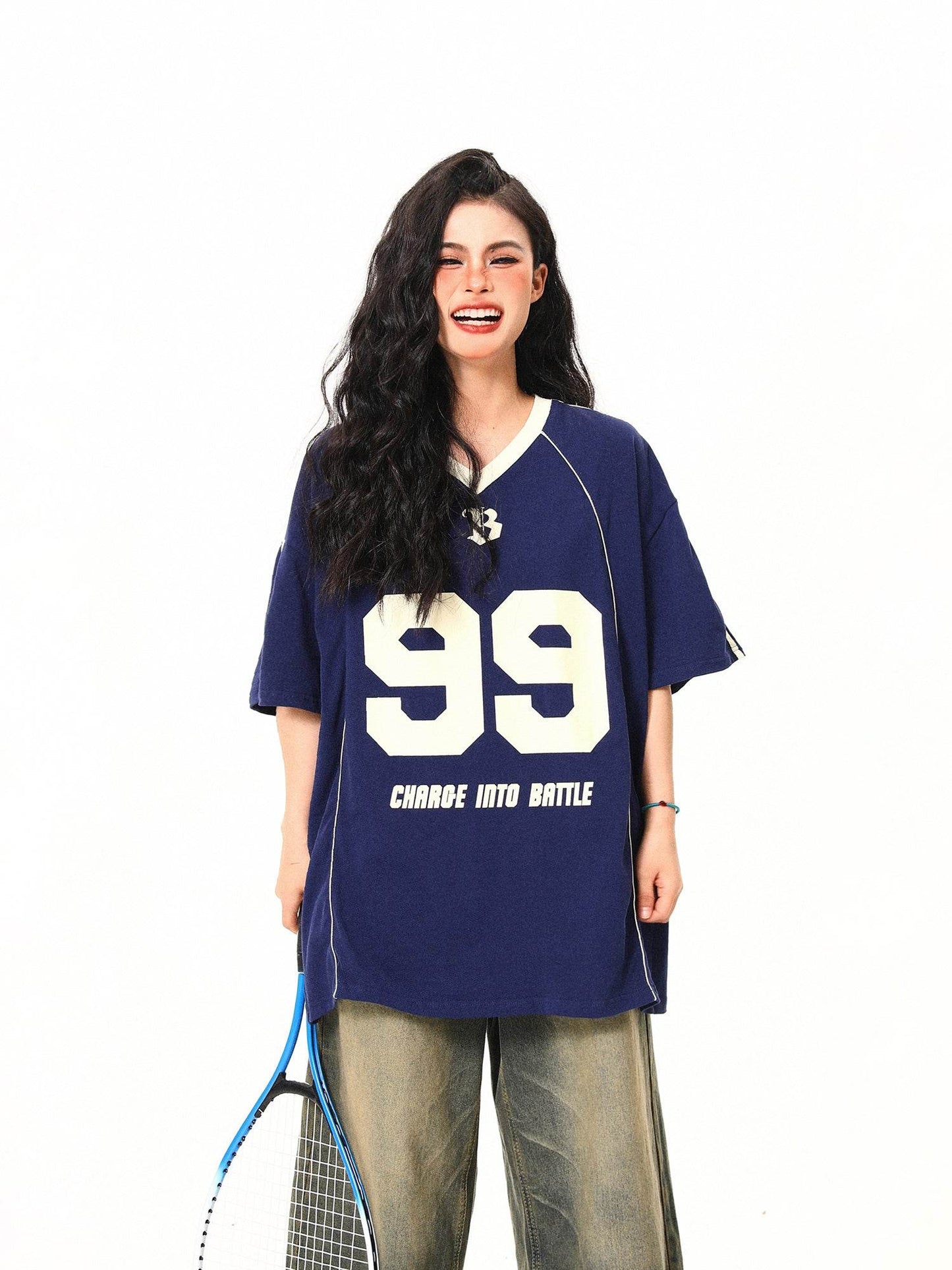 Retro V-neck Jersey Sports Style Short Sleeve T-shirt For Women MuddyStock
