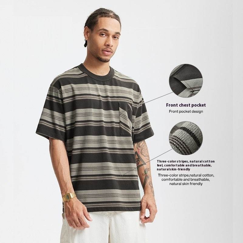 Striped Pocket T-shirt American Style Loose Short Sleeve MuddyStock