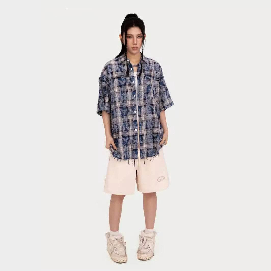 American Tie-dye Short Sleeve Plaid Shirt For Women