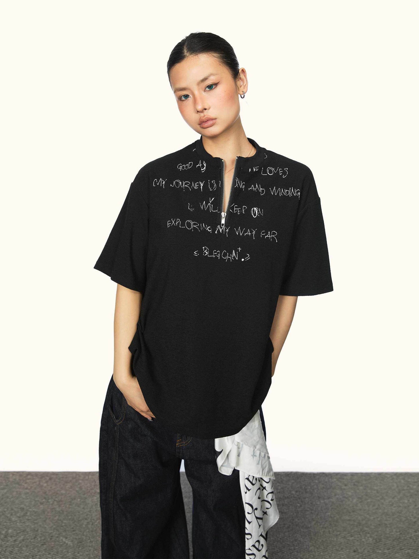 Women's Same Style American Letter Print Half Zipper Short Sleeve MuddyStock