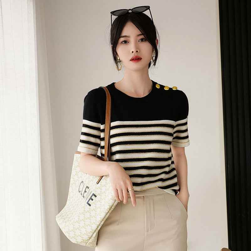 Knitted Short-sleeved Loose Striped T-shirt Black MuddyStock